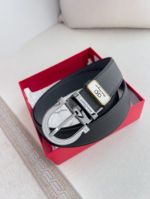 1:1 Ferragamo Black Leather Belt  with Silver  Logo buckle Needle Buckle 3.5cm